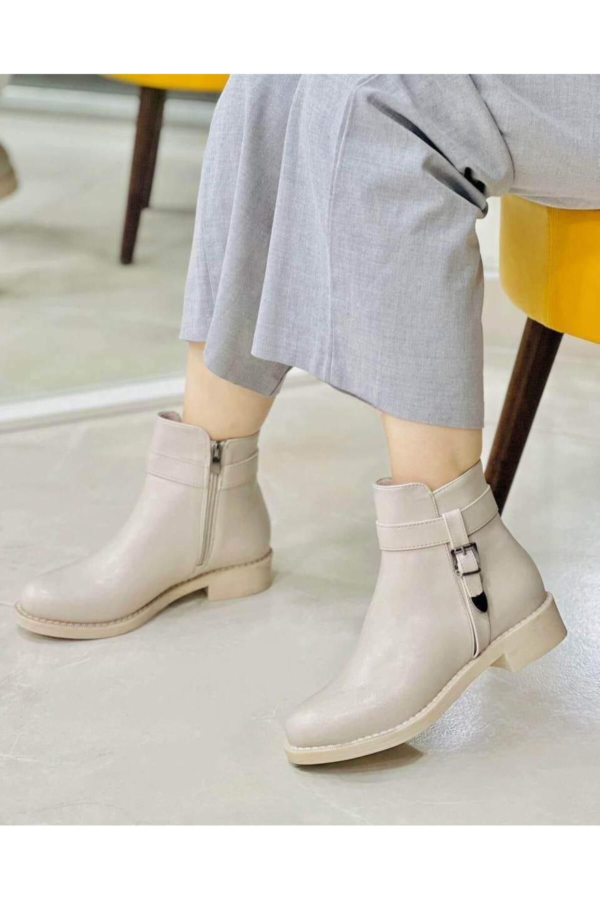 Nil Shoes Wiota Bej Cilt Topuklu Bot