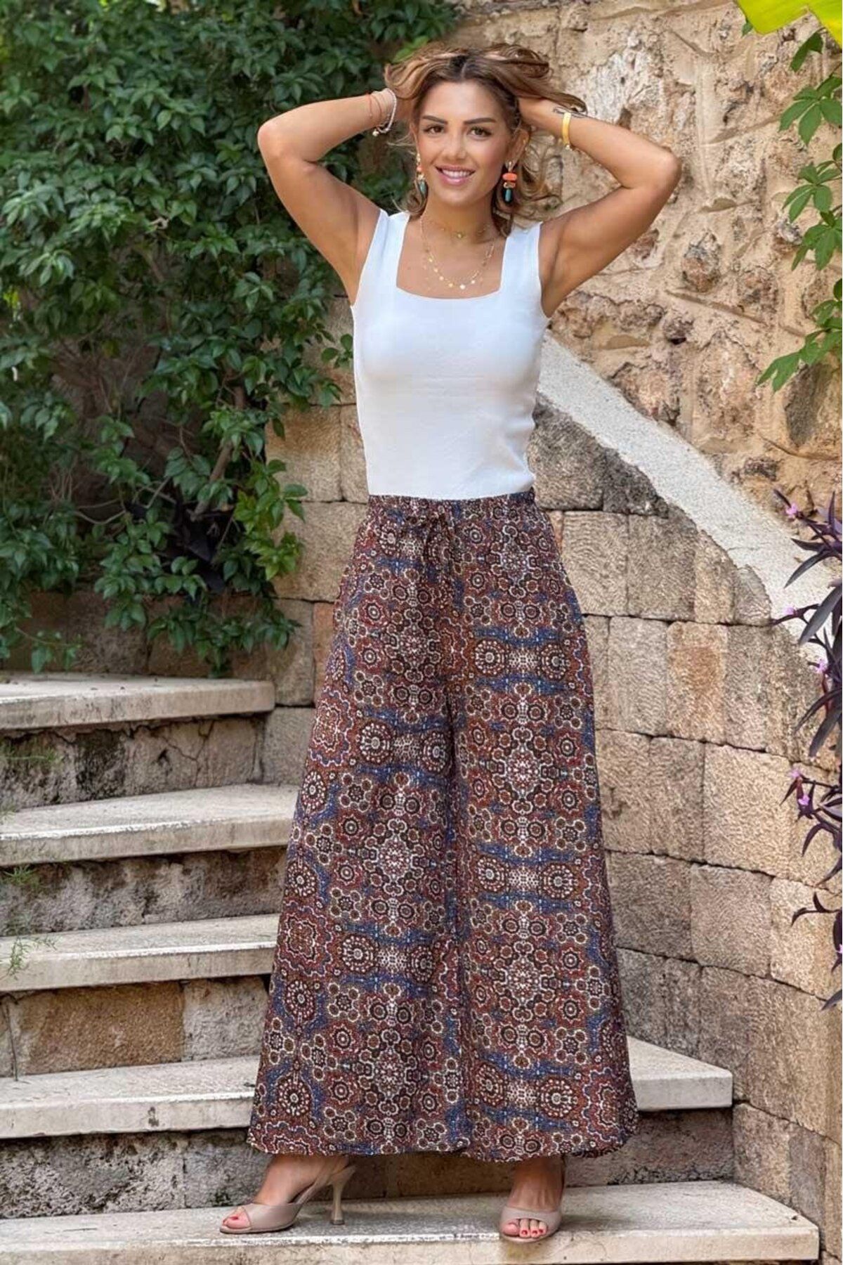 Nevin Kaya Moda İTALYAN Kahverengi Çini Desenli %100 Pamuk Viskon Pantolon