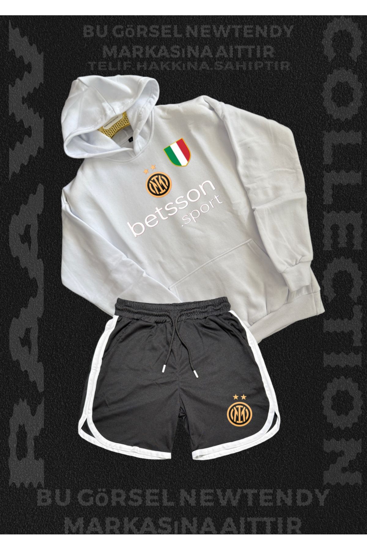 Minikelya Inter Milano Logolu Kapüşonlu Sweatshirt ve Şort Takımı Taraftar Spor Giyim Seti 2li kombin