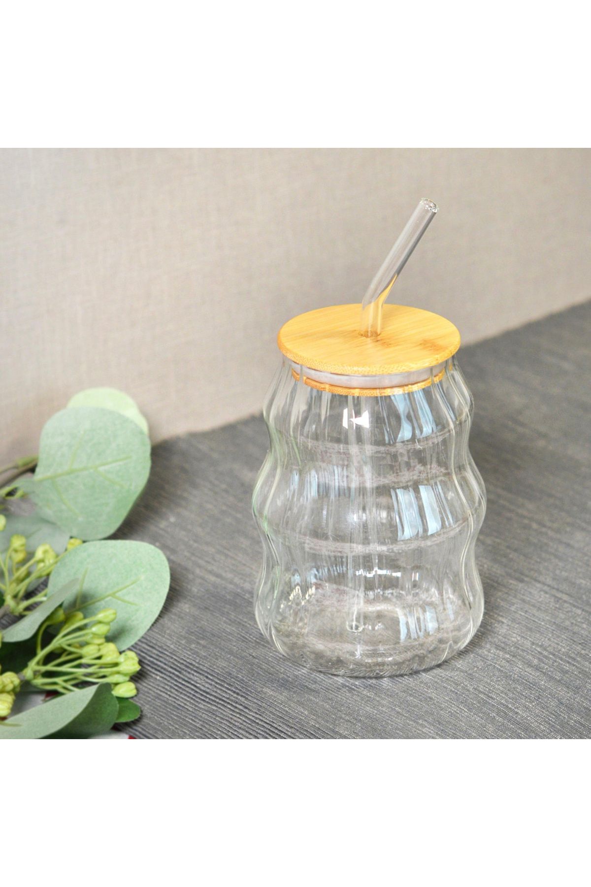 Paçi Bambu Kapaklı Pipetli Çizgili Bardak - Açık Kahverengi / Şeffaf - 450 ml