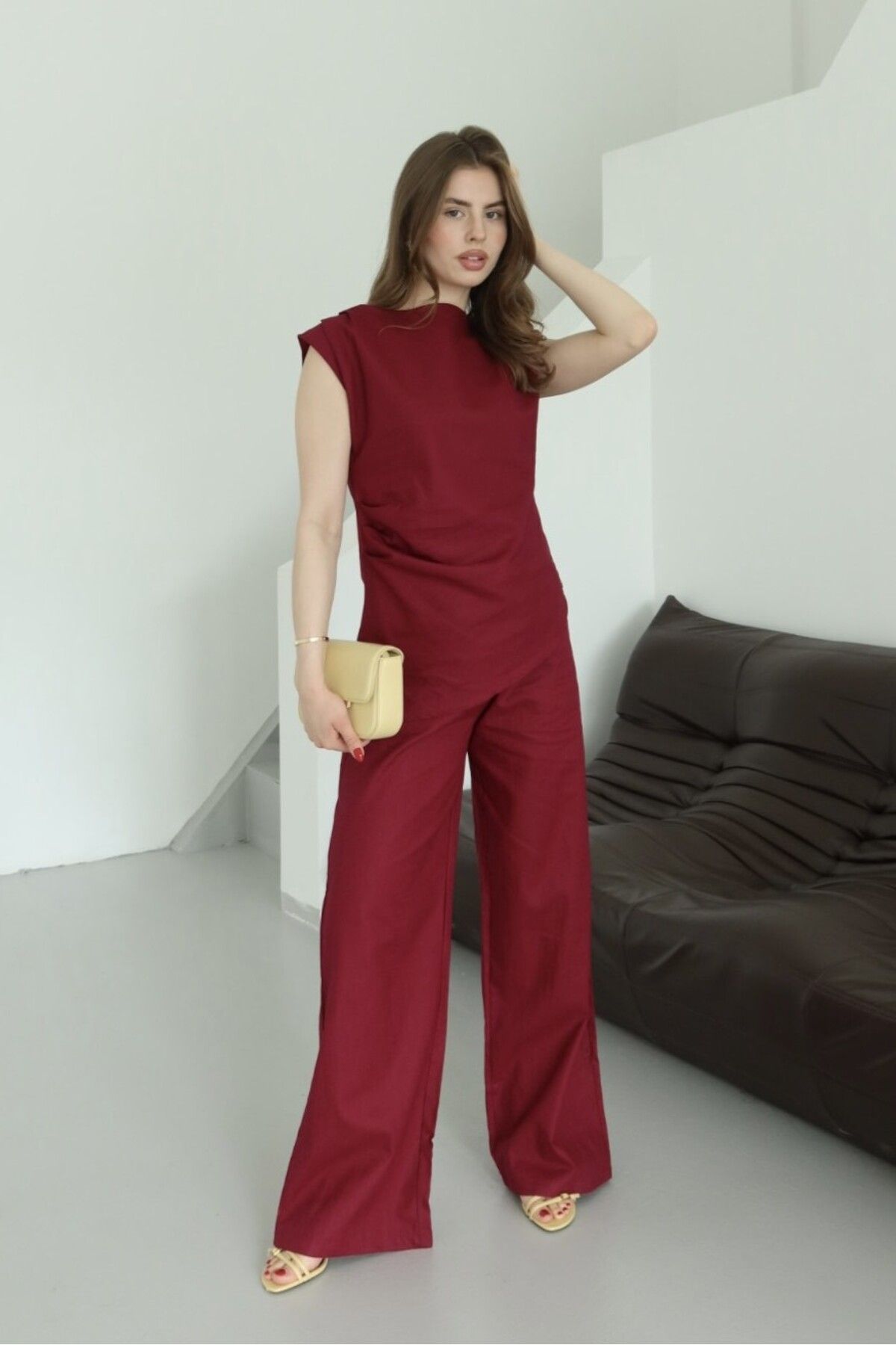 Laluvia Bordo Asimetrik Bluz Pantolon Takım - 7227