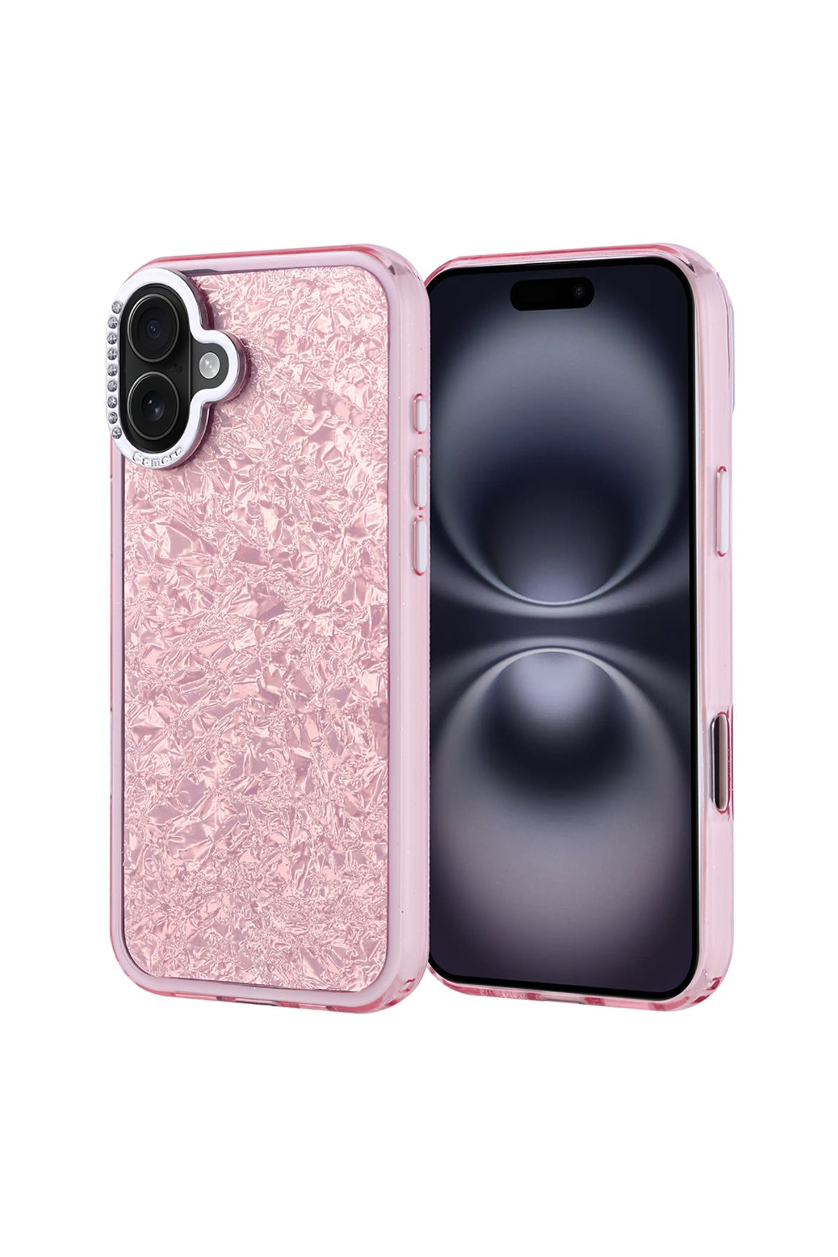 Strap U Apple iPhone 16 Plus Kırık Cam Efektli Işıltılı Kılıf Kamera Koruması Taşlı Tasarım Kapi Kapak