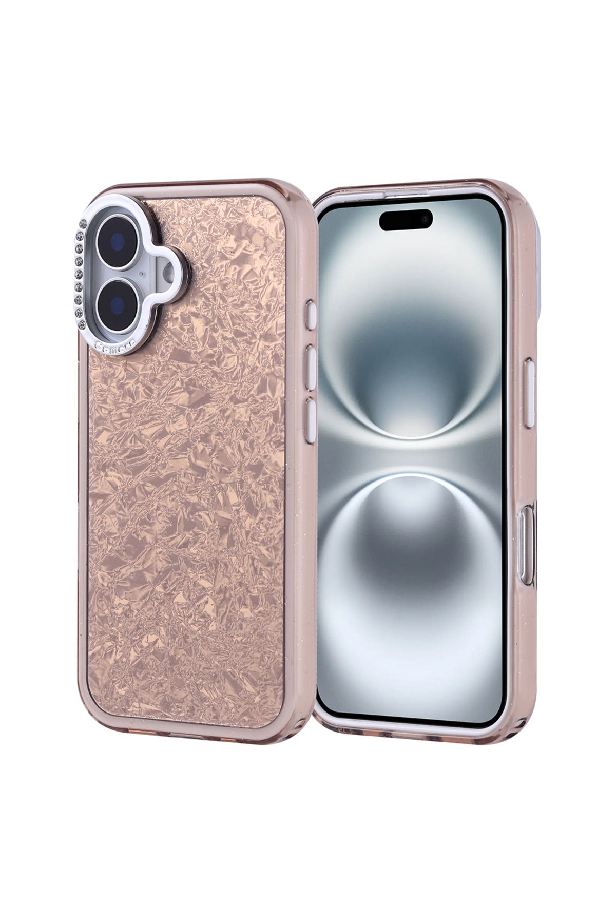 Strap U Apple iPhone 16 Kırık Cam Efektli Işıltılı Kılıf Kamera Koruması Taşlı Tasarım Kapi Kapak