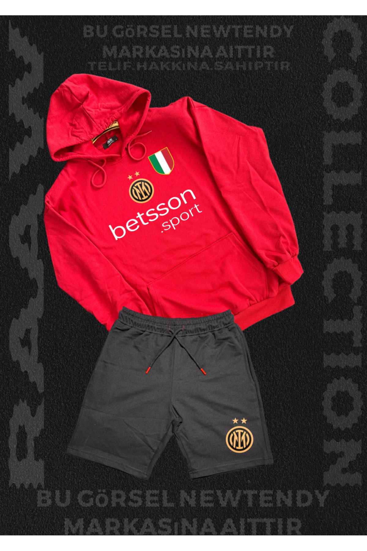 Minikelya Inter Logolu Kapüşonlu Sweatshirt ve Açık Şort Takımı Erkek Taraftar Spor Giyim Seti 2li kombin