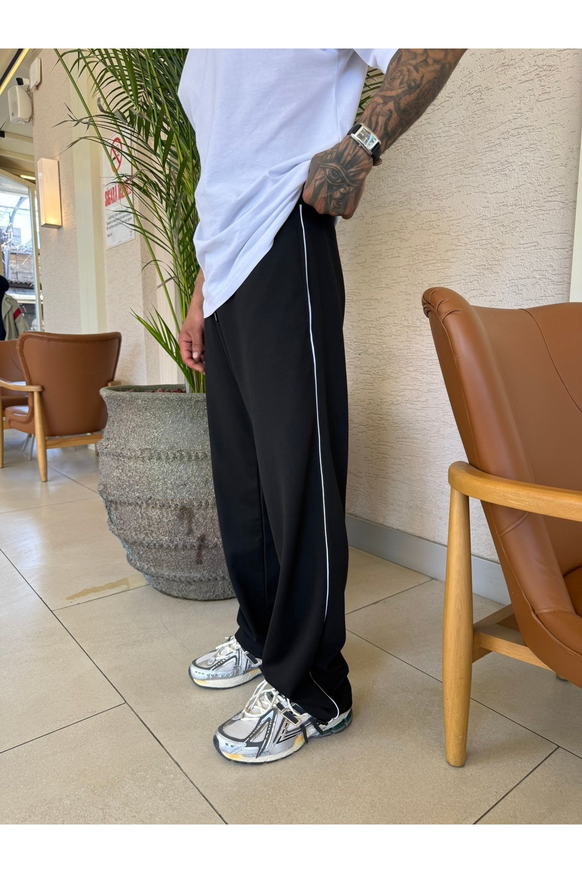 No362 Şerit Detaylı Basic Baggy Eşofman - Siyah