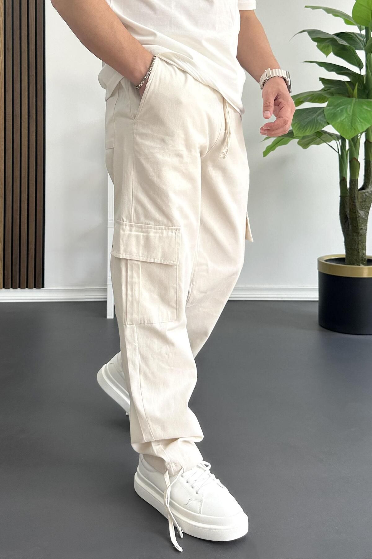 Edwox Erkek Kargo Cepli Paçası Ayarlanabilir Baggy Pantolon Krem Edw355