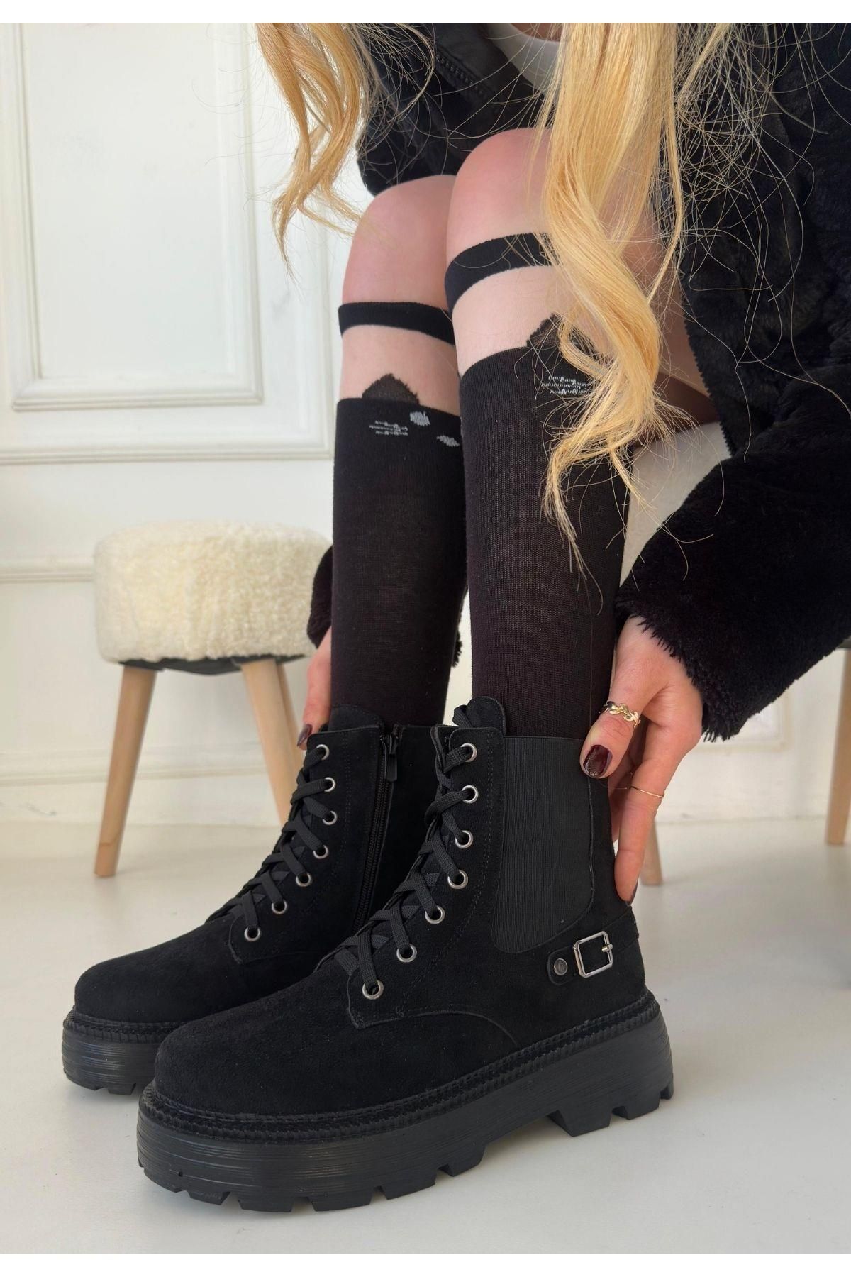 Nil Shoes Boby Siyah Süet Bağcıklı Bot