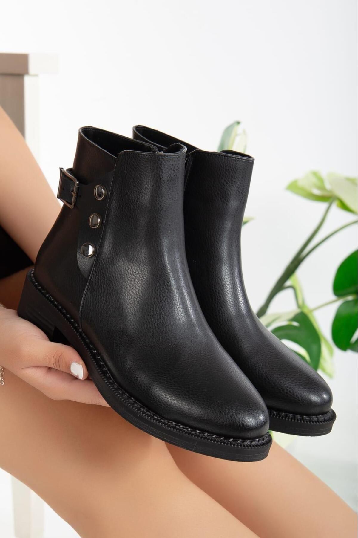 Nil Shoes Diali Siyah Cilt Topuklu Bot