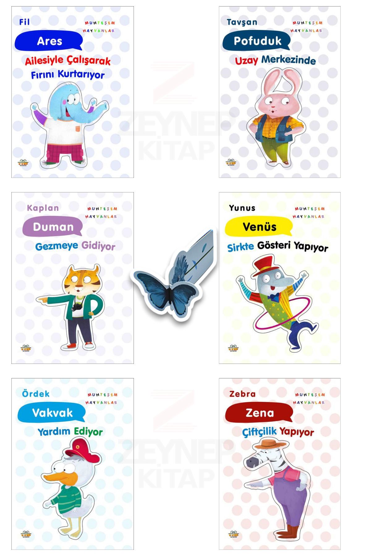 0-6 Yaş Yayınları Muhteşem Hayvanlar Serisi 6 Kitap(Tavşan-Fil-Kaplan-Zebra-Yunus-Ördek)Hareketli Kelebek Ayraç Hediye