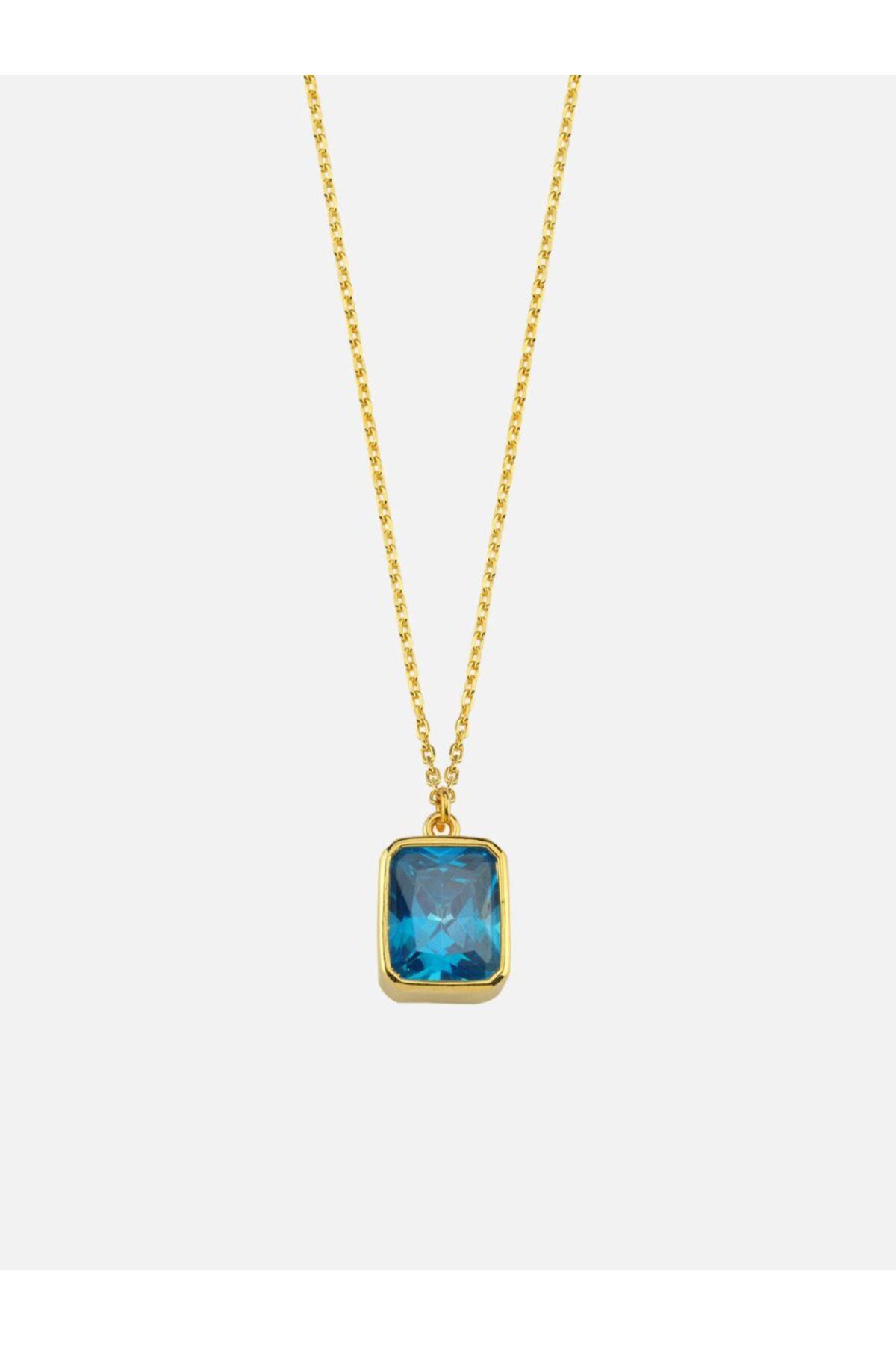 LİNYA JEWELLERY Dikdörtgen Mavi Kristal Taşlı Zincir Kolye