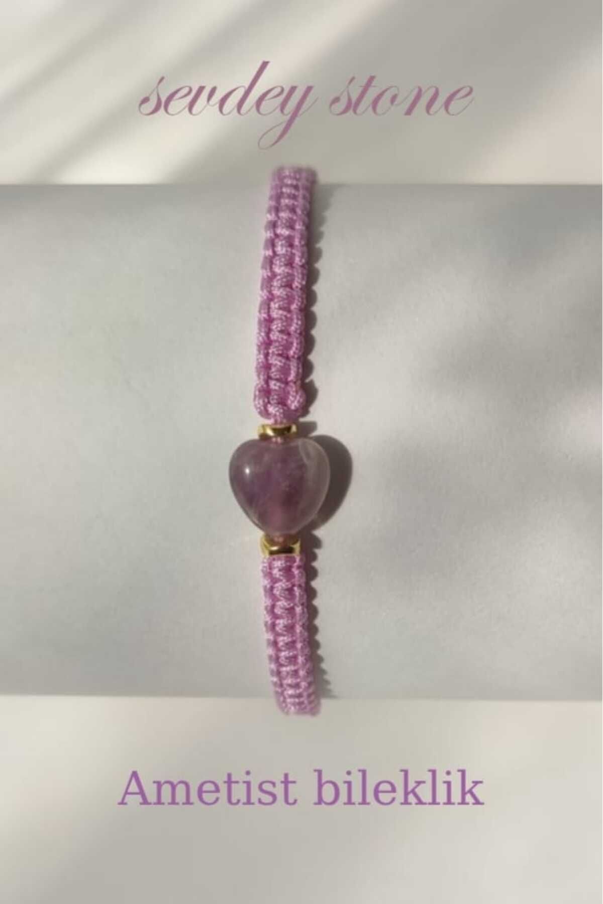 Sevdey Stone Kalp ametist taşlı makrome örme el işçiliği bileklik