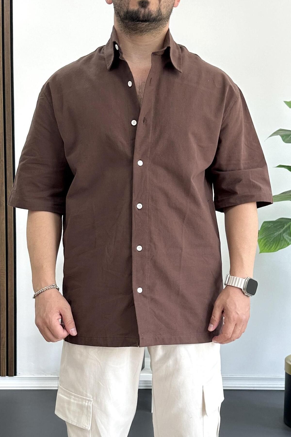 Edwox Erkek Oversize Büyük Kalıp Pamuklu Kumaş Kahverengi edw363