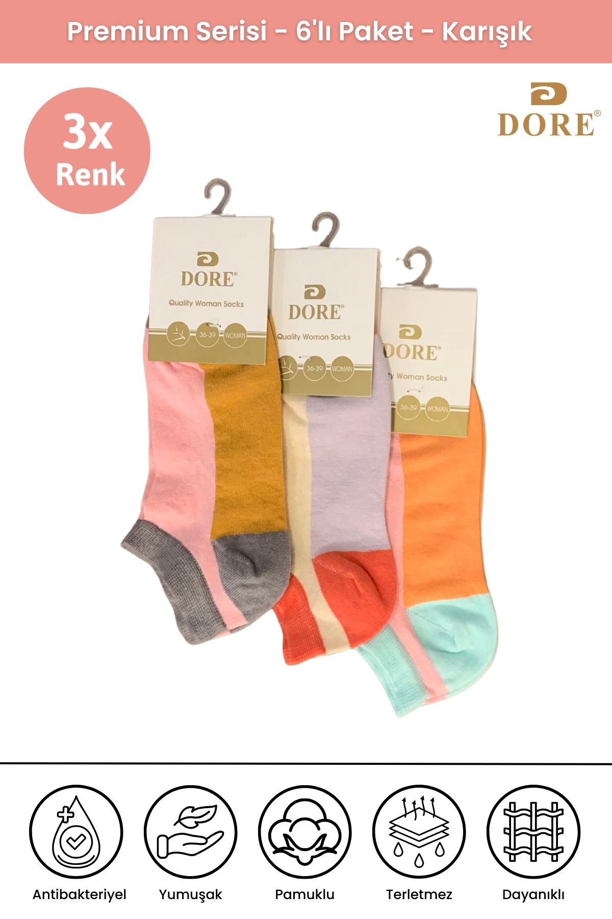 Dore Orijinal Kadın 3 Çift Nefes Alan Ultra Soft Konfor Modeli Spor Ayakkabı Sneaker Renkli Patik Çorap