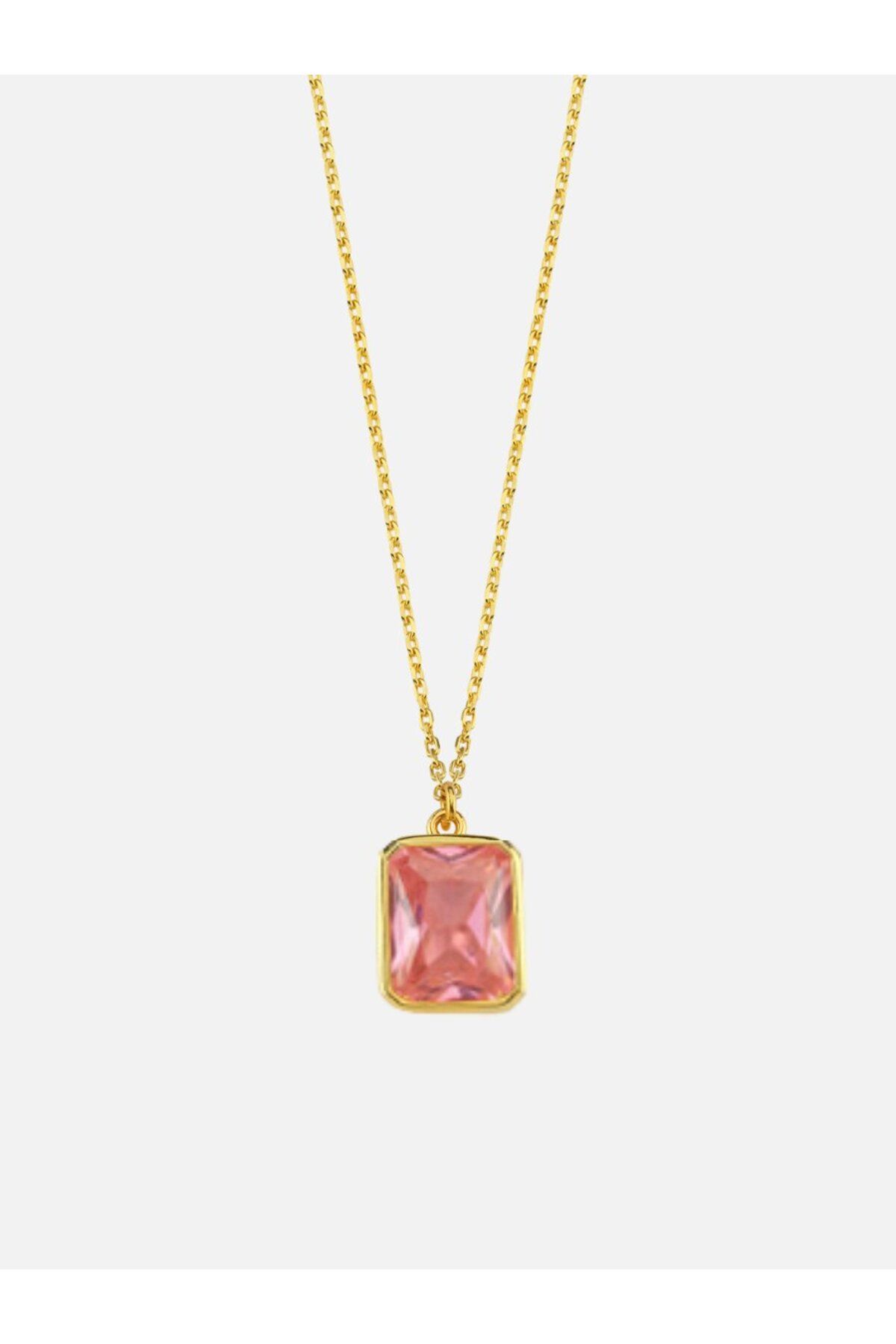 LİNYA JEWELLERY Dikdörtgen Pembe Kristal Taşlı Zincir Kolye