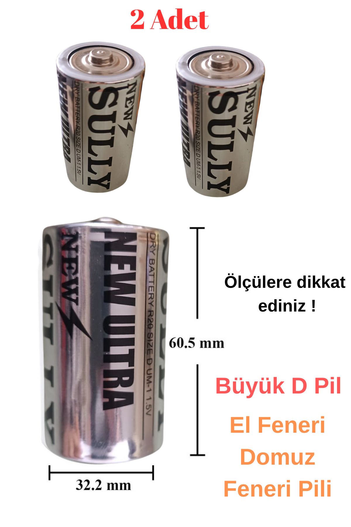 Janva 2 adet D Pil El Feneri Radyo Domuz Feneri Pili Ölçüyü dikkate alınız (32mmx60mm)