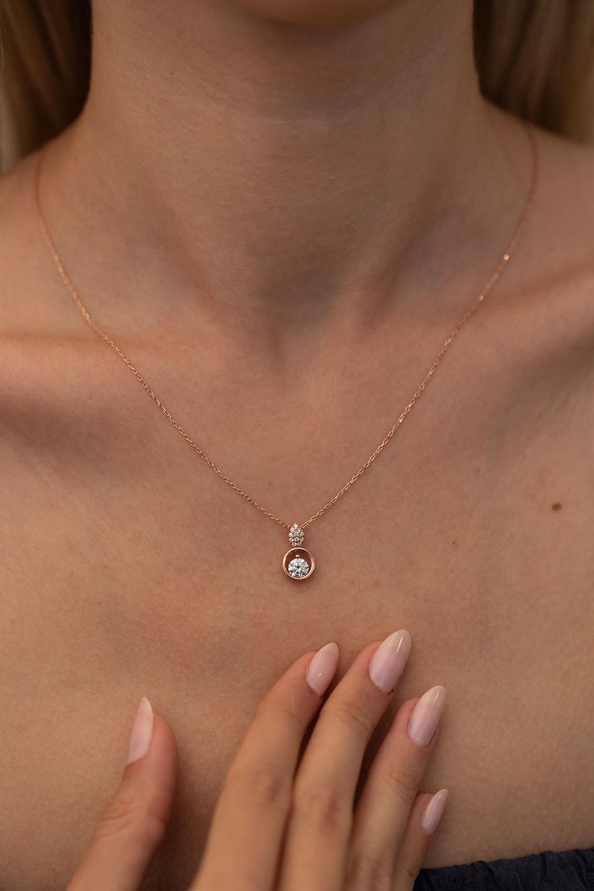 Ninova Silver Damla ve Halka Model Rose Kaplama Gümüş Zirconia Kolye