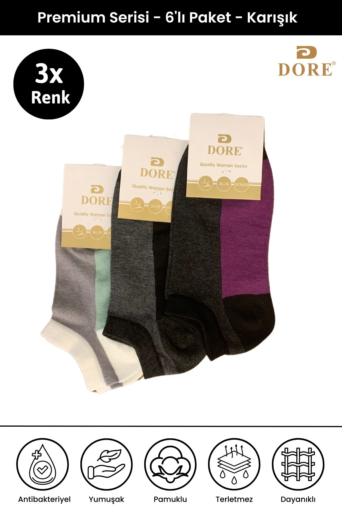 Dore Orijinal Kadın 3 Çift Nefes Alan Ultra Soft Konfor Modeli Spor Ayakkabı Sneaker Renkli Patik Çorap