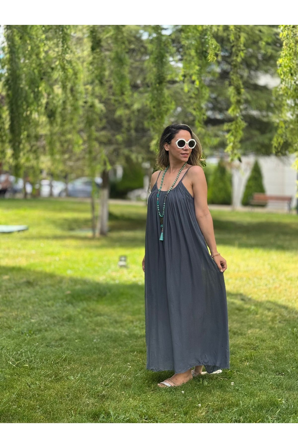 Rozella Butik Perry Askılı Maxi Elbise Alaçatı Elbisesi