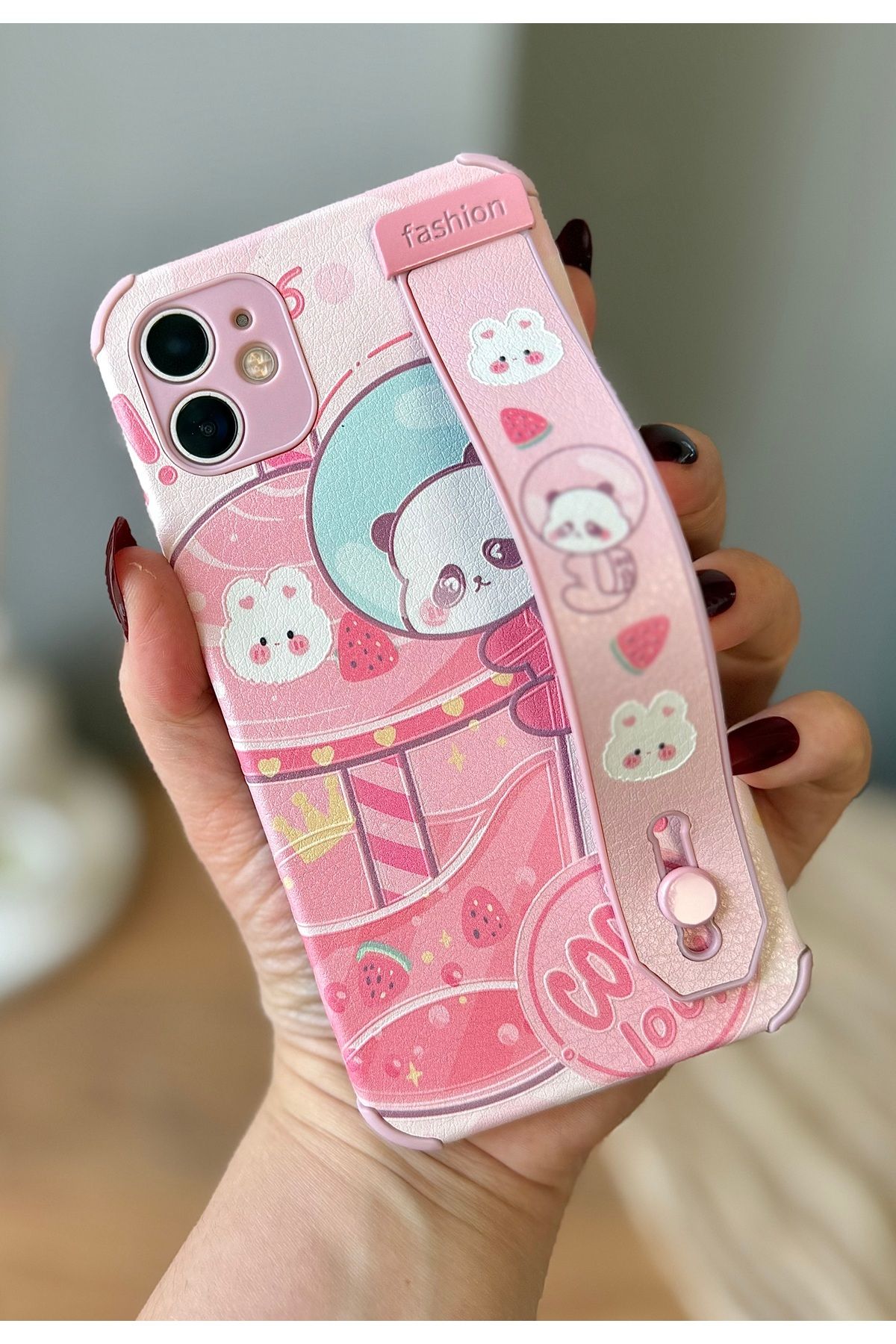 MirazTasarim IPHONE 11 PEMBE PANDA DESENLİ TUTMA AKSESUARLI KILIF