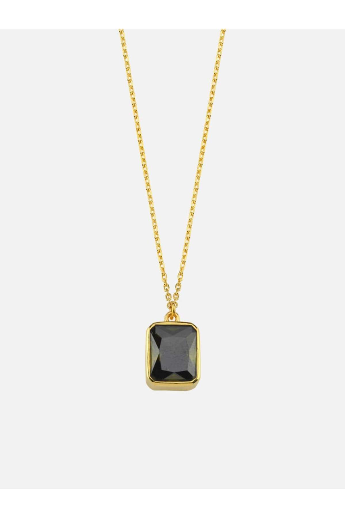 LİNYA JEWELLERY Dikdörtgen Haki Yeşili Kristal Taşlı Zincir Kolye