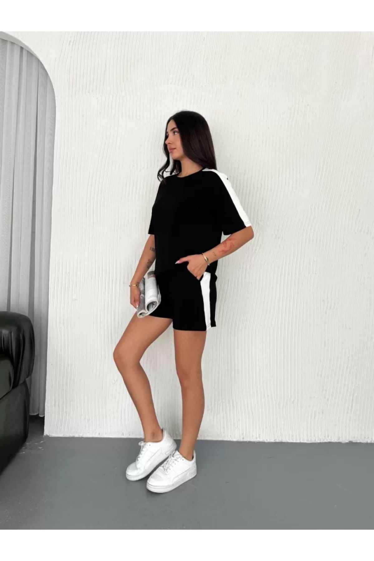 BBbutik Osy Modal yumuşak dokulu Kumaş Kadın Parçalı Bisiklet Yaka T-shirt Kısa Şort İkili Takım