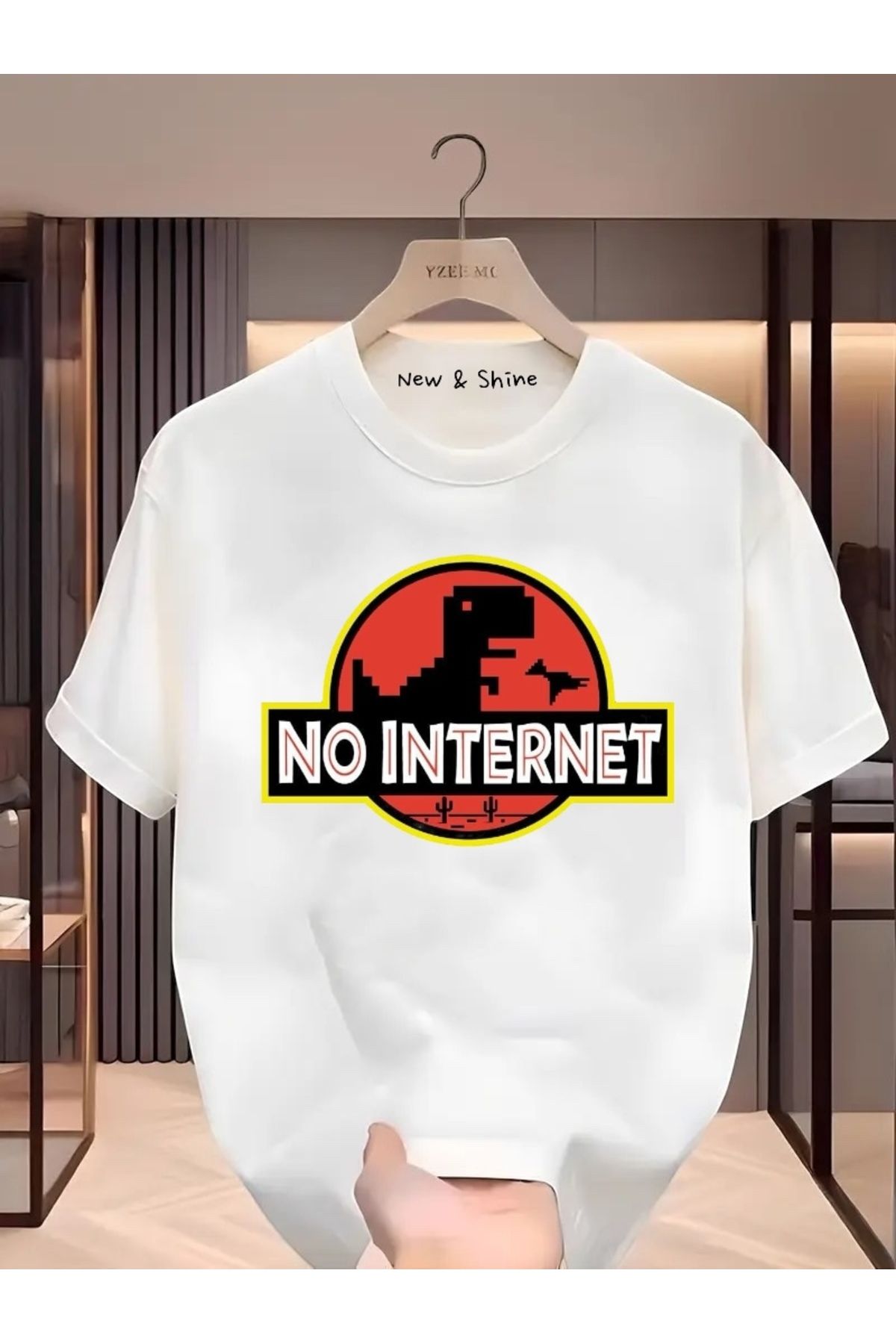 New Shine No Internet Dinozor Baskılı Büyük Beden Oversize T-Shirt