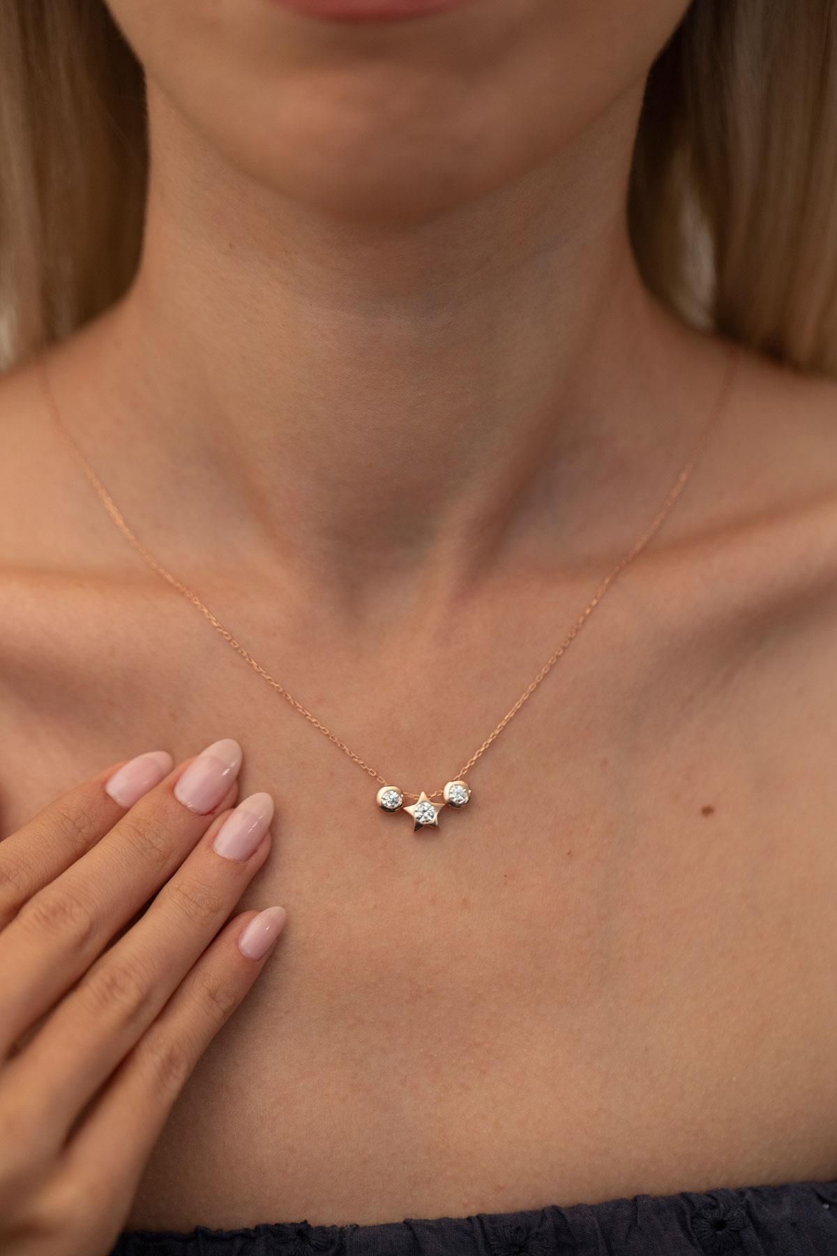 Ninova Silver Yıldız ve İki Taş Model Rose Kaplama Gümüş Zirconia Kolye