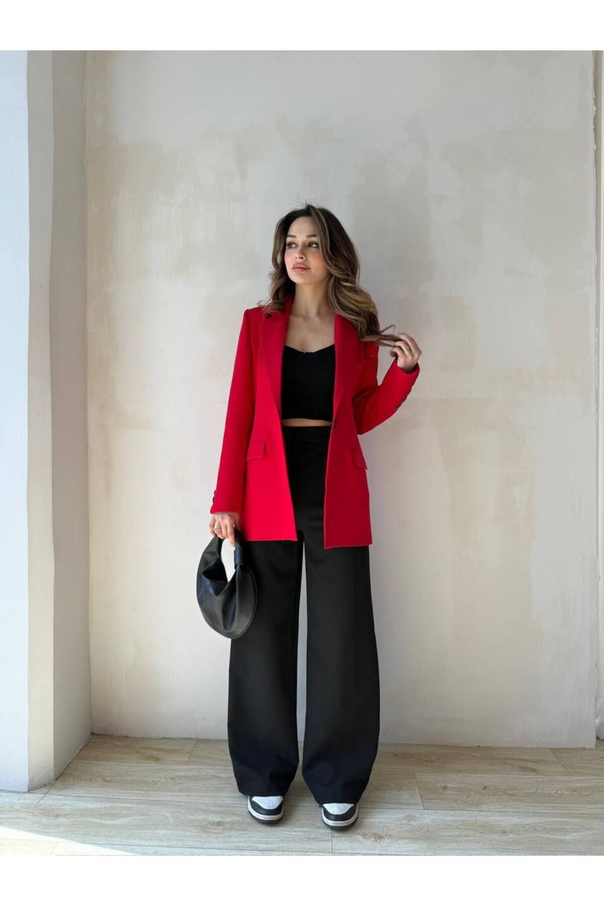 ENZOI Kırmızı Kruvaze Yaka Düğmeli Blazer Ceket