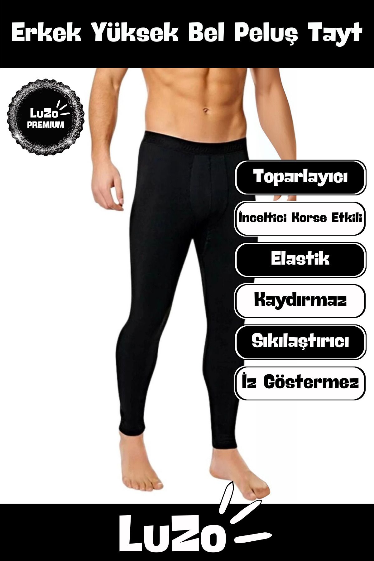 LuZo Premium Seri Bel Sıkmayan Rahat Geniş Lastikli Sıcak Tutan Yumuşak Pürüzsüz Siyah Erkek Peluş Tayt