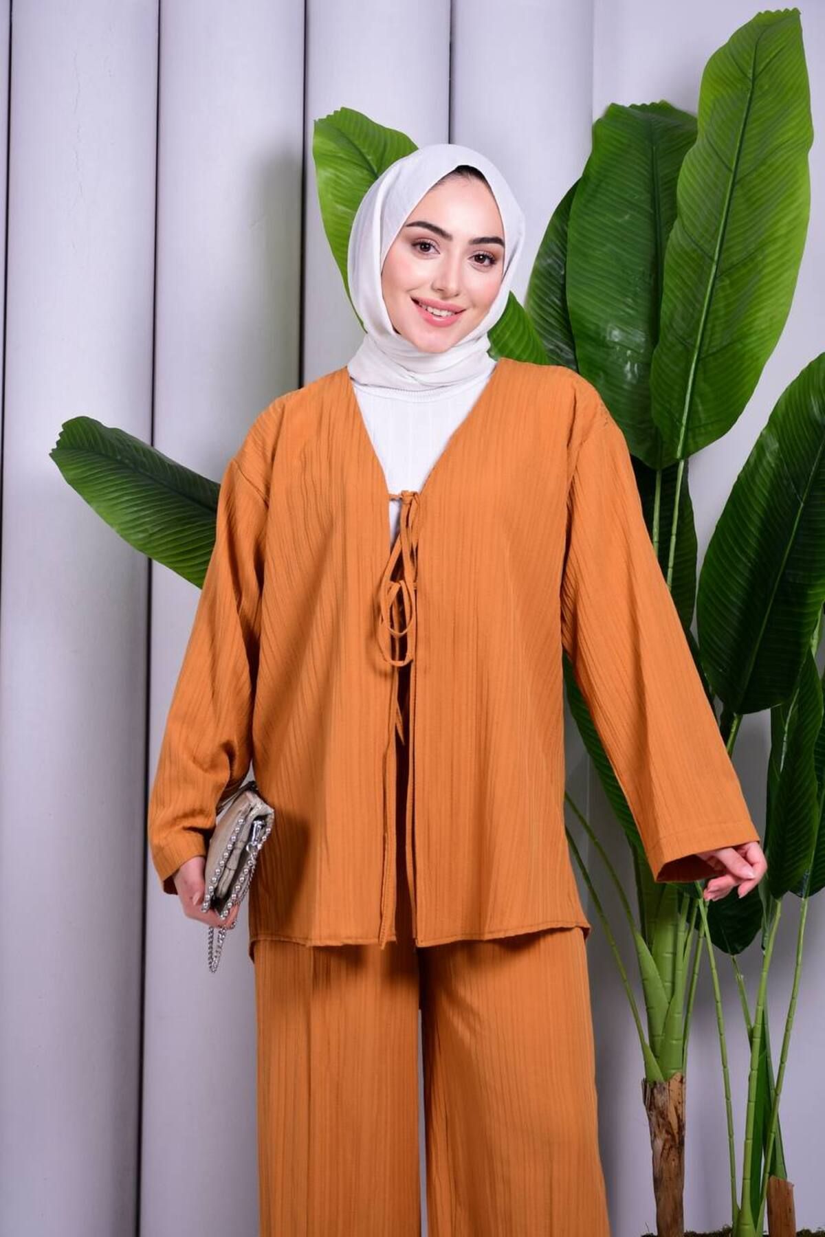 ZambakModa Bağcık Detaylı Pantolonlu Kimono Takım