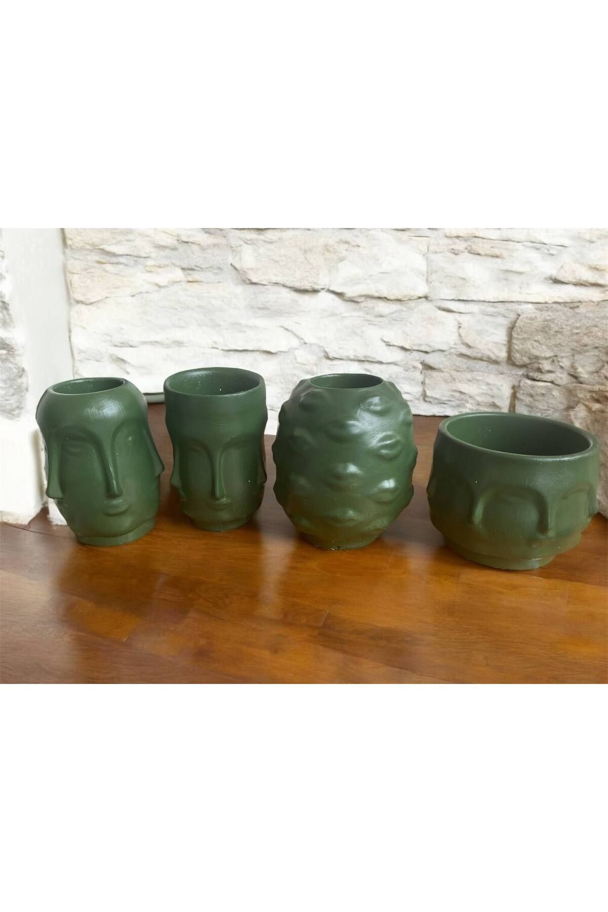 EL YAPIMI Seramik Görünümlü Dekoratif 4lü Soyut Yüz Taş Saksı - Vazo - Set Haki Yeşil - Bahçe Balkon- Çiçeklik