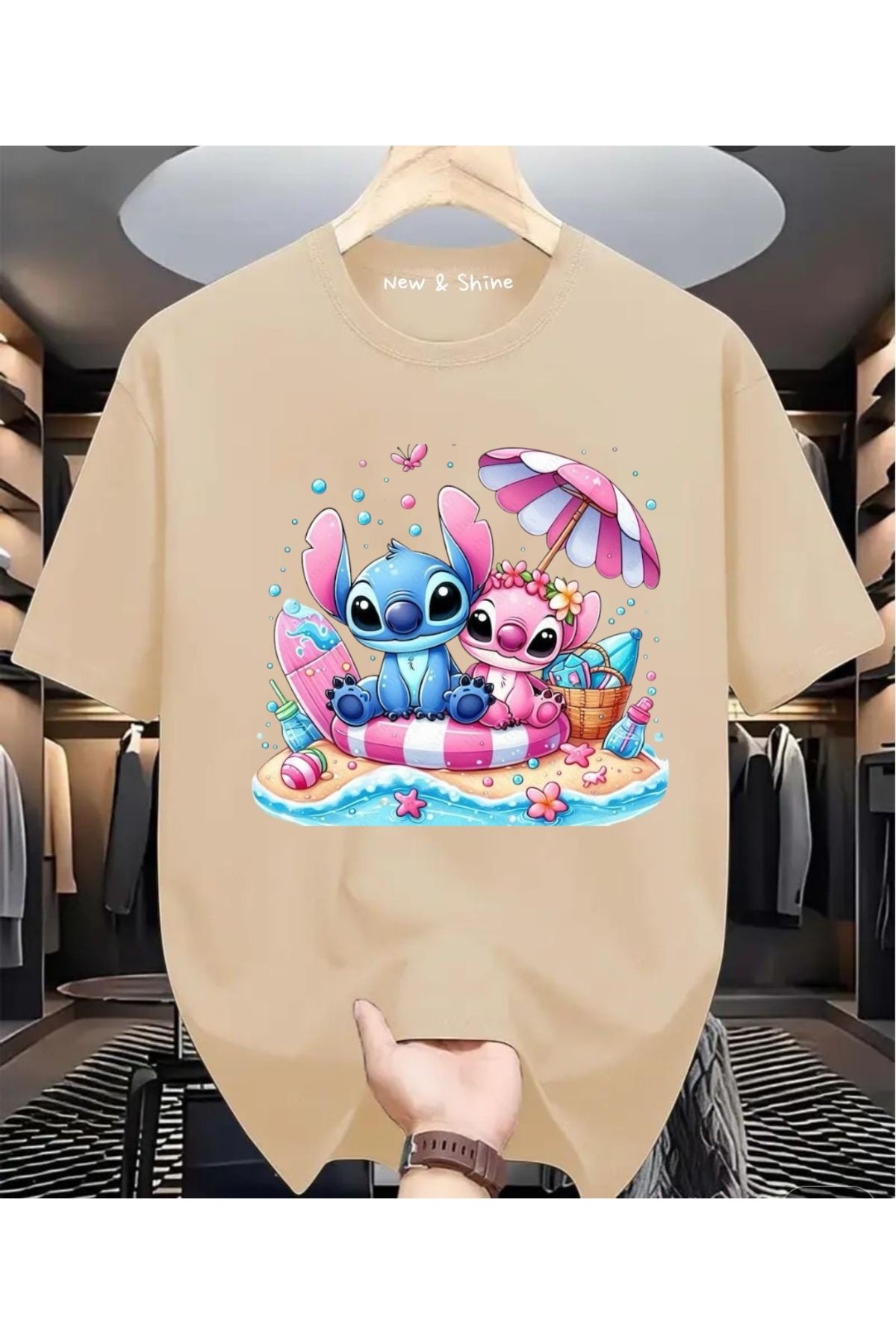 New Shine Stitch ve Angel Baskılı Büyük Beden Oversize T-Shirt