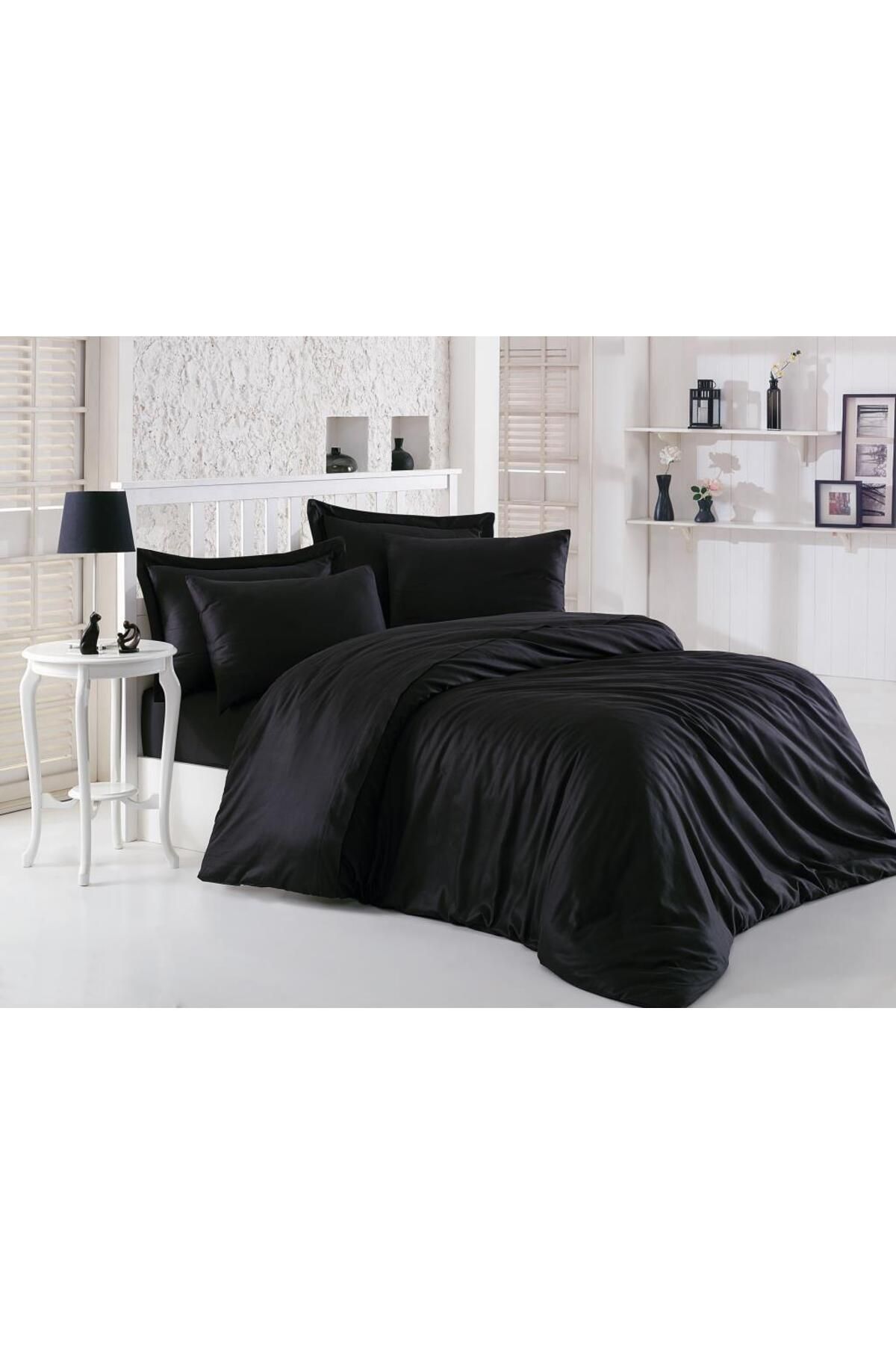 HobiDünyasıElif Elegant Siyah Çift Kişilik Saten Nevresim Takımı