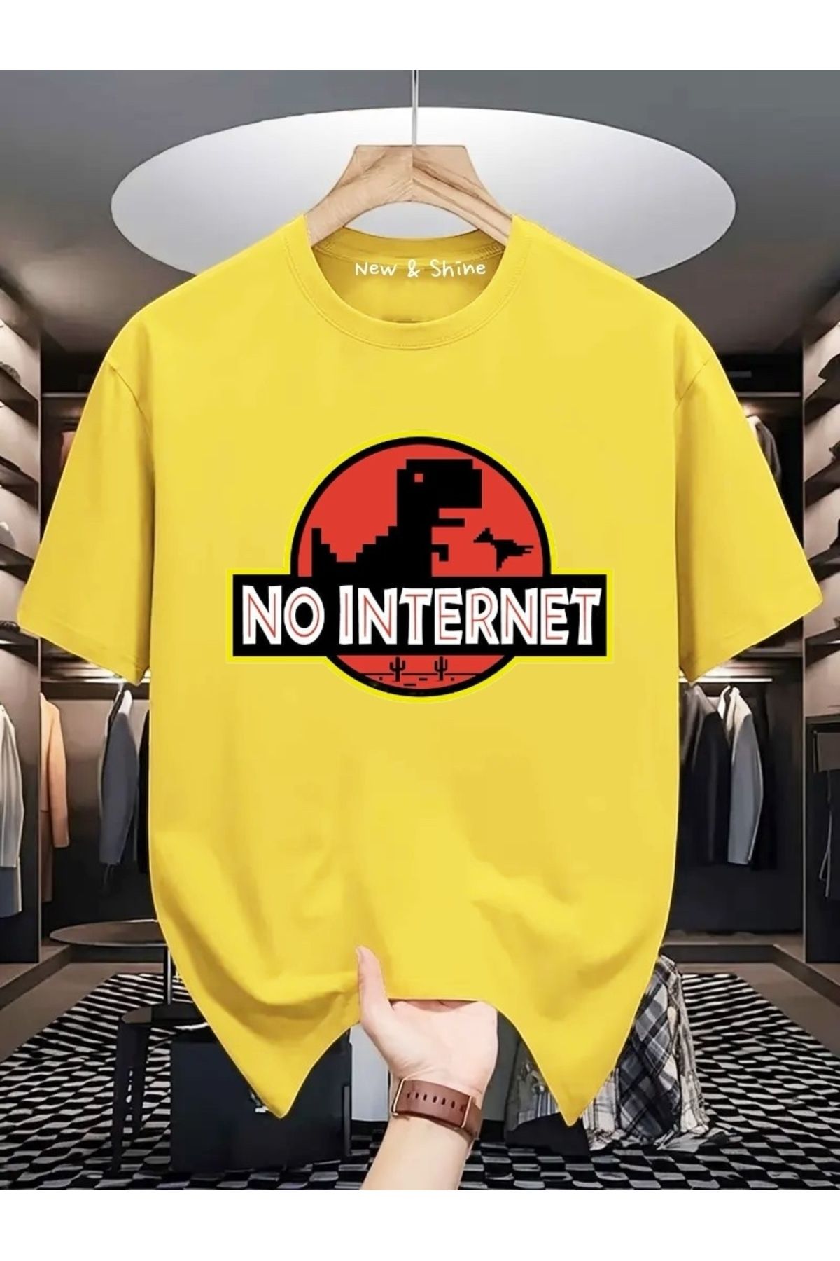 New Shine No Internet Dinozor Baskılı Oversize T-Shirt