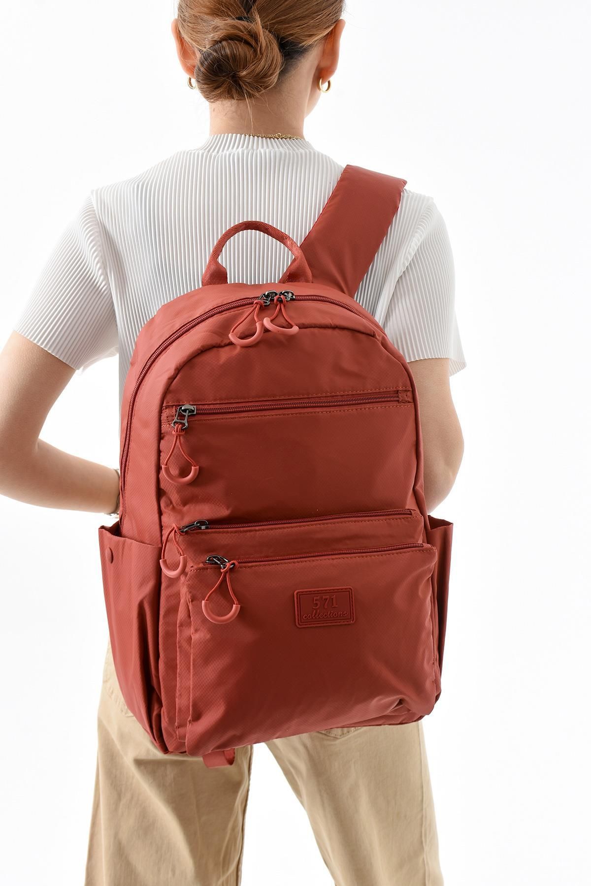 571 Collections Çanta Orta Boy Sırt Çantası Ultra Hafif Çok Cepli Kiremit (Model:571-13-9B)