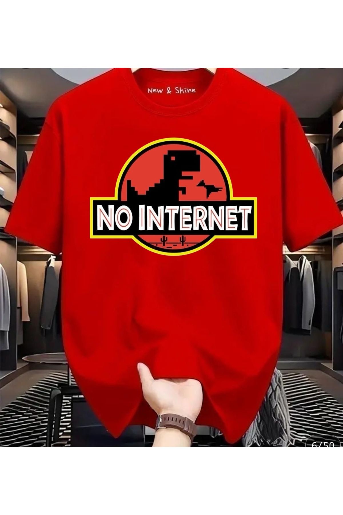 New Shine No Internet Dinozor Baskılı Oversize T-Shirt