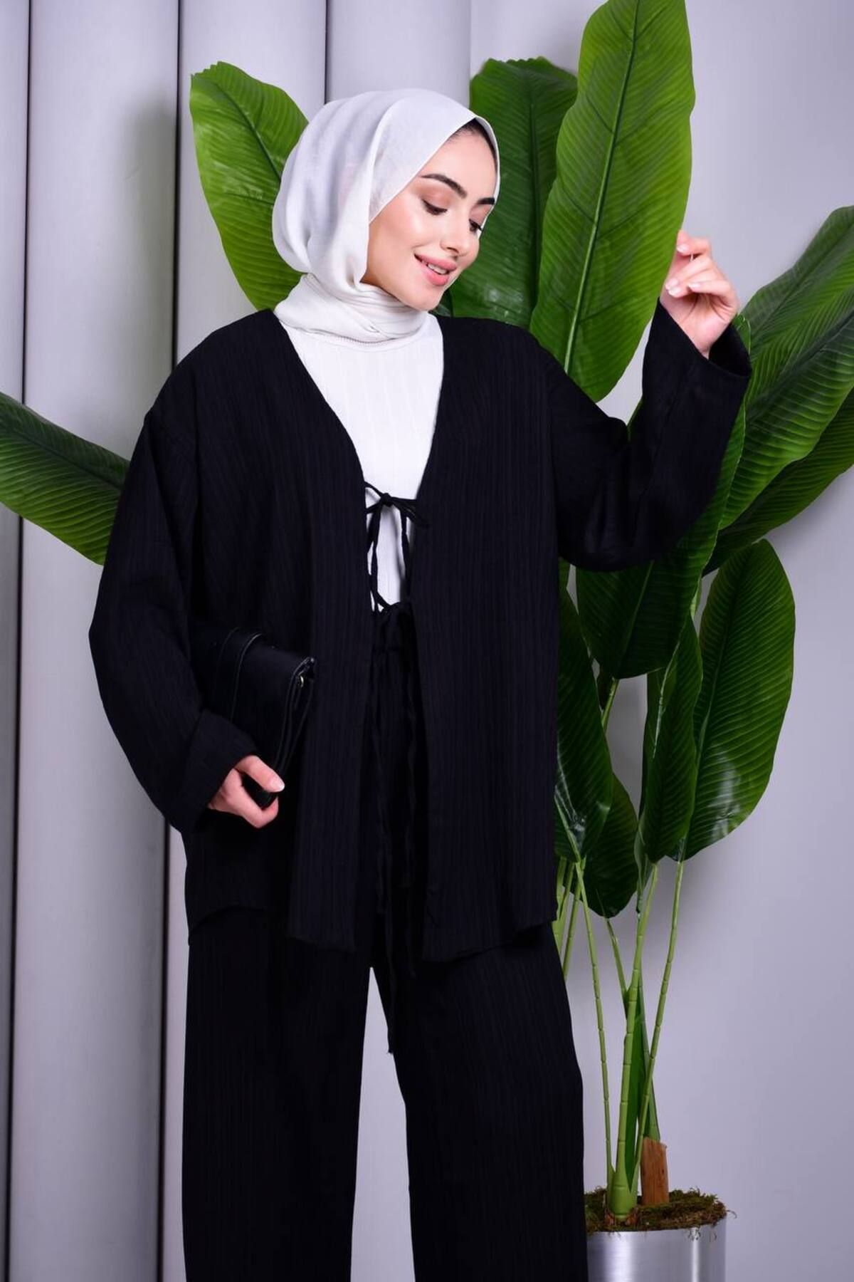 ZambakModa Bağcık Detaylı Pantolonlu Kimono Takım
