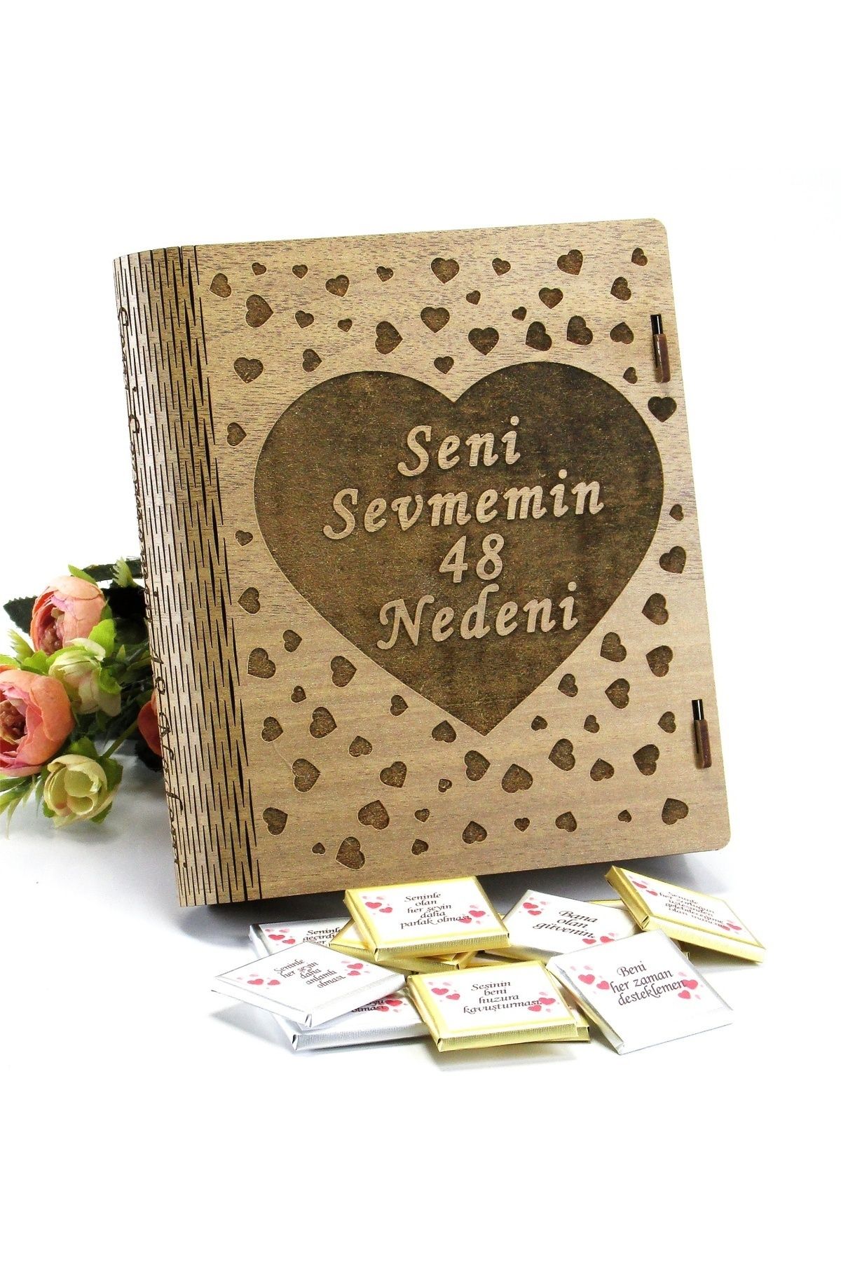 Çikolata Marketi Seni Sevmemin 48 Nedeni - Çikolata Kitabı - Ahşap Kitap Kutulu Hediye Çikolata