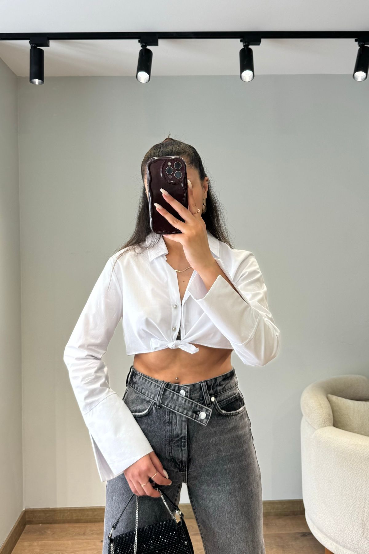 Güneş Metal Düğmeli Bağlamalı Crop Gömlek