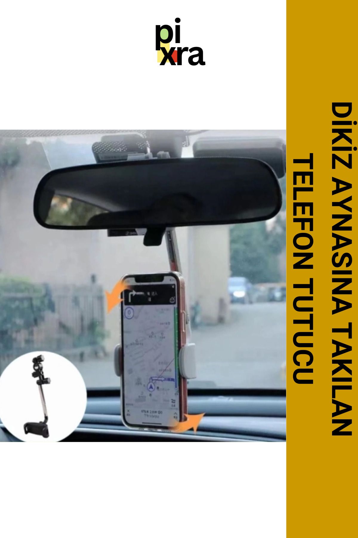 Pixra Dikiz Aynasına Takılan 360° Döner Telefon Tutucu – Ayarlanabilir & Hızlı Sökülebilir