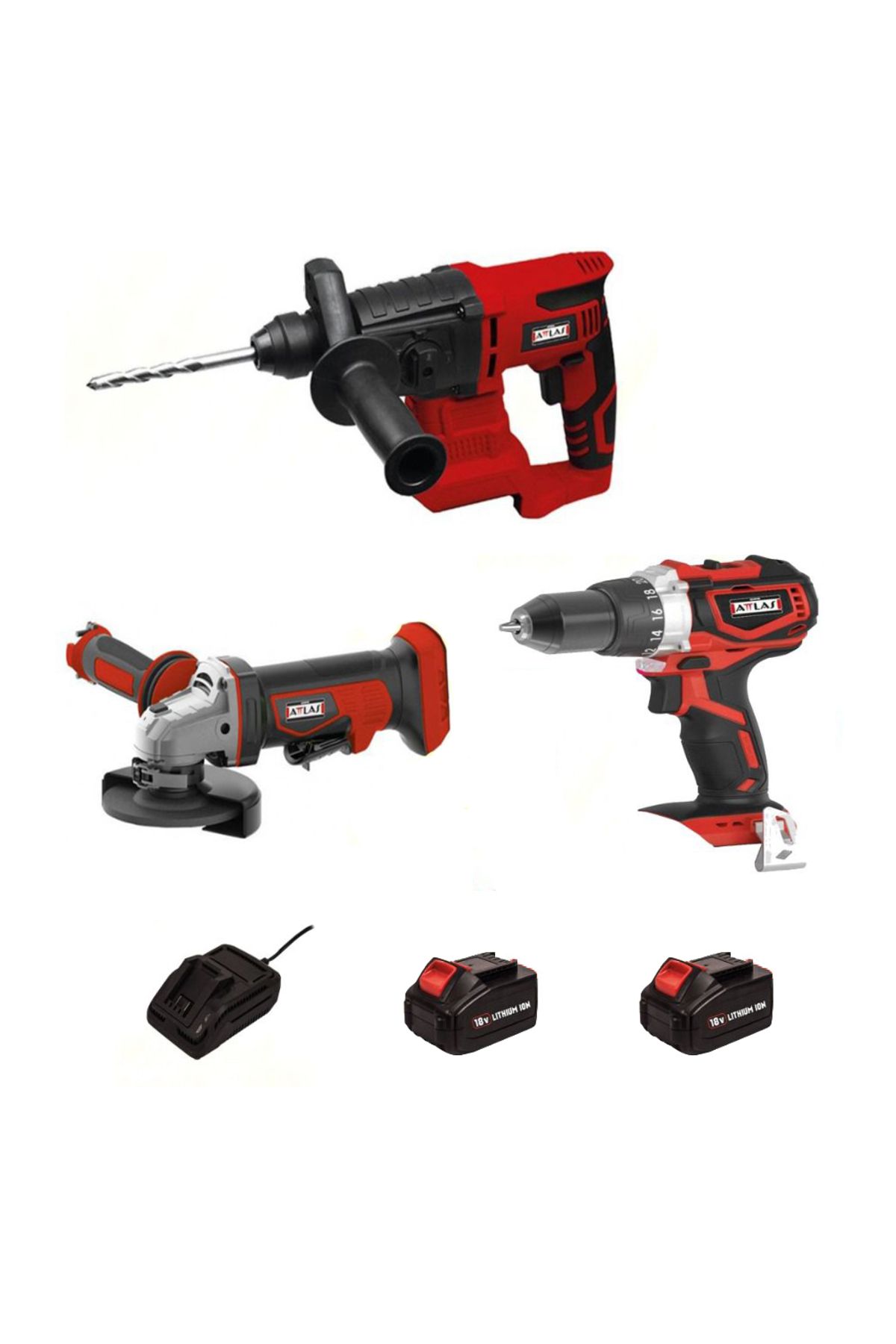 Attlas 3'Lü Makina 2 Akülü Set 18V 4.0Ah ( Kömürsüz Darb. Matkap + Kömürsüz Avuç Taşlama Makinesi +