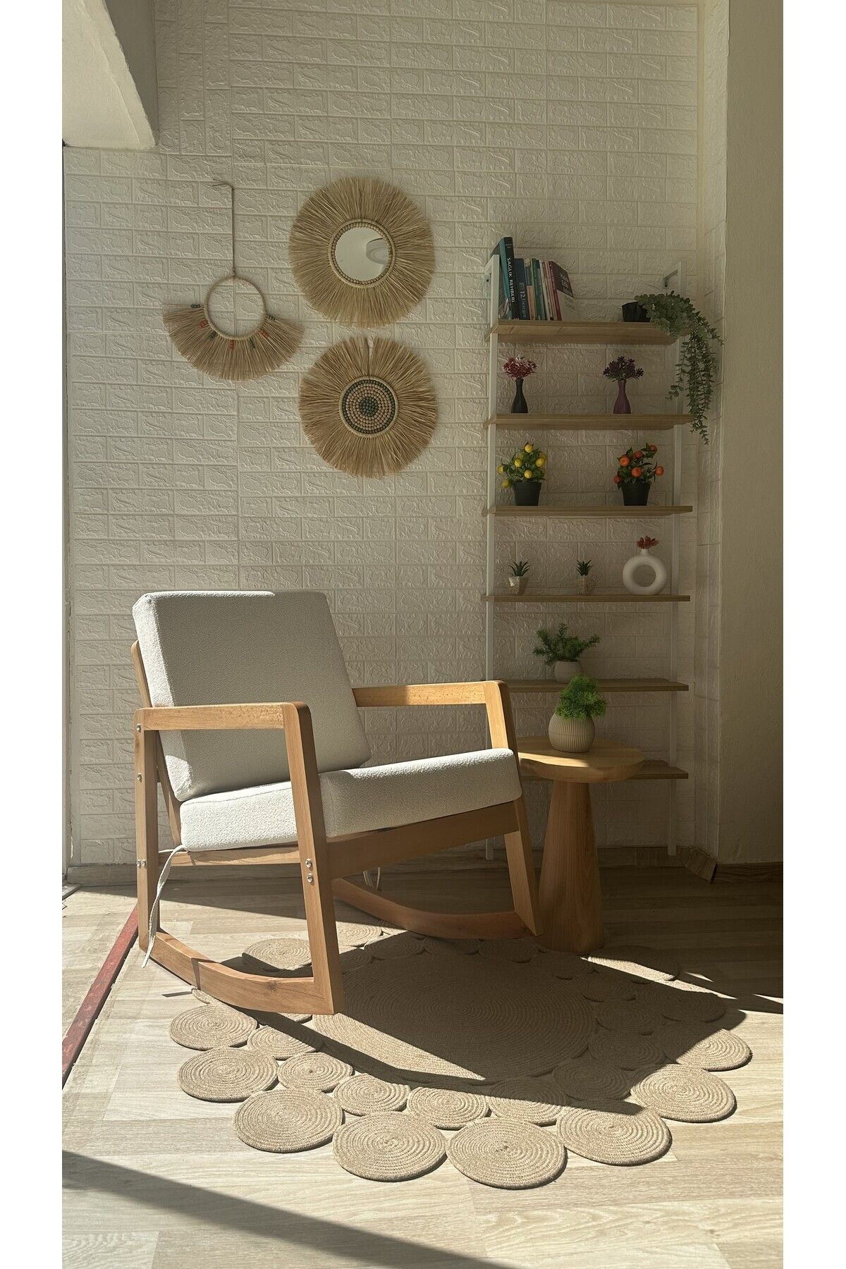 silla Concept İskandinav Teddy Krem Kumaş Naturel Ahşap Sallanan Sandalye Baba Sandalyesi