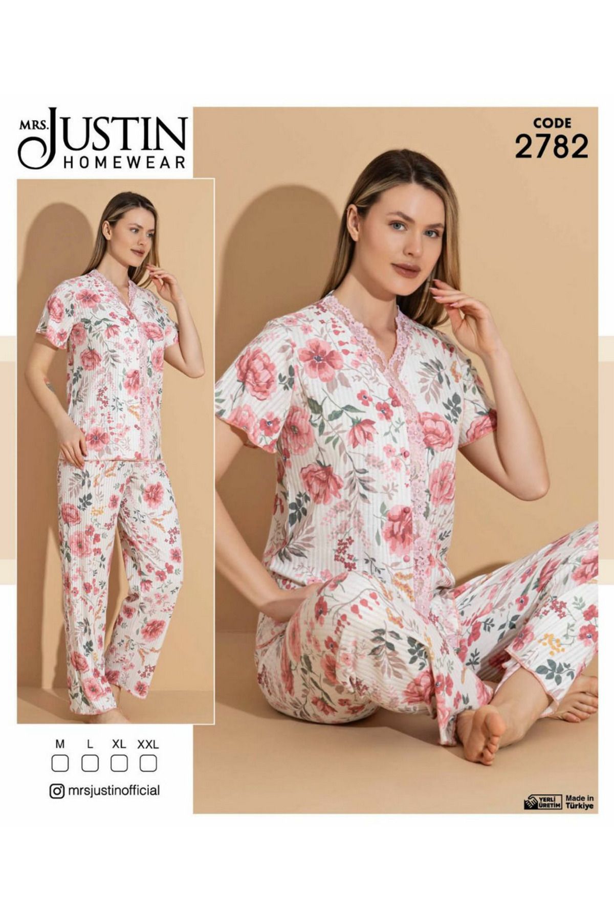 Mrs Justin Kadın Yazlık Önden Boydan Düğmeli Kısa Yarım Kollu Pijama Takımları Homewear & Ev Giyim