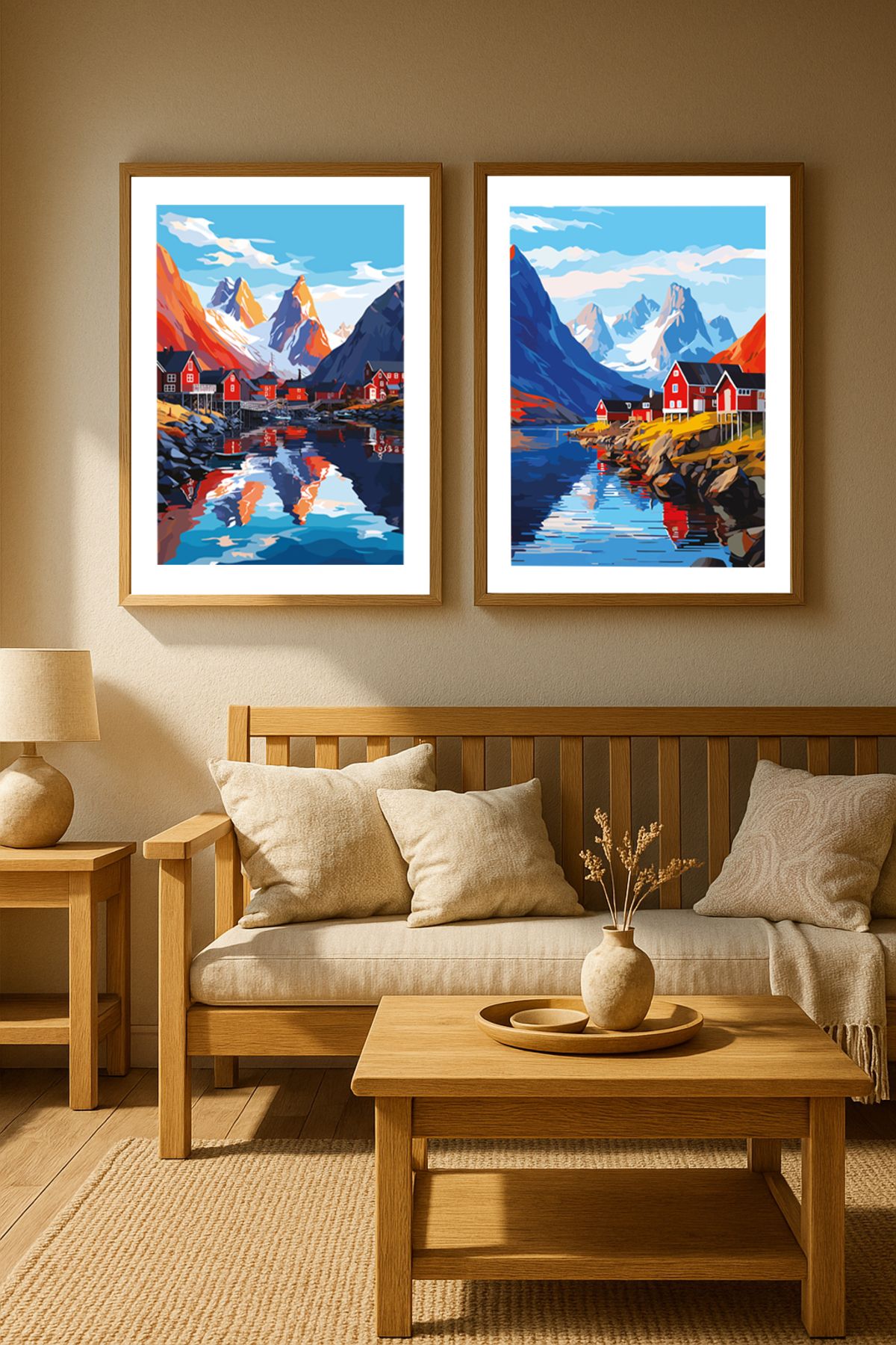 volo dekor - Tablo , Doğal Ahşap Çerçeveli , Soyut Sanat Tablo Seti Ev & Ofis Dekoru,