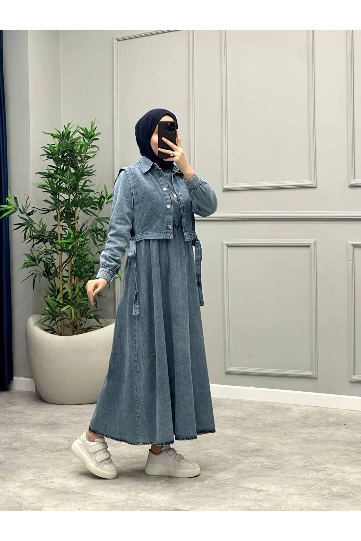 OlaLady Kadın Yanları Bağlamalı Yelekli Tesettür Denim Kot Elbise - Fiyatı,  Yorumları