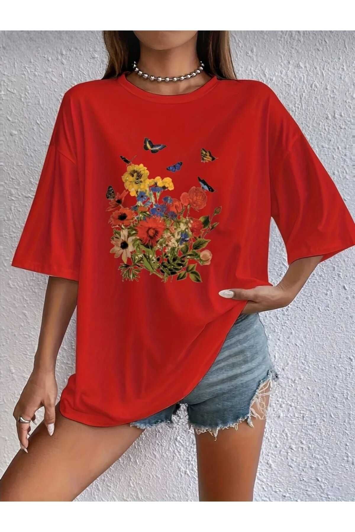 TekTarzz Unısex Pamuklu Flowers Baskılı Tasarım Tshirt
