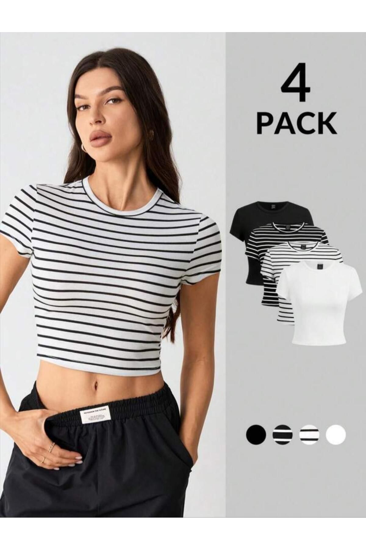 ÖZ PAMUK Kadın 4 Lü Adet Fitilli Pamuklu Kumaş Bisiklet Yaka Örme Crop T-shirt