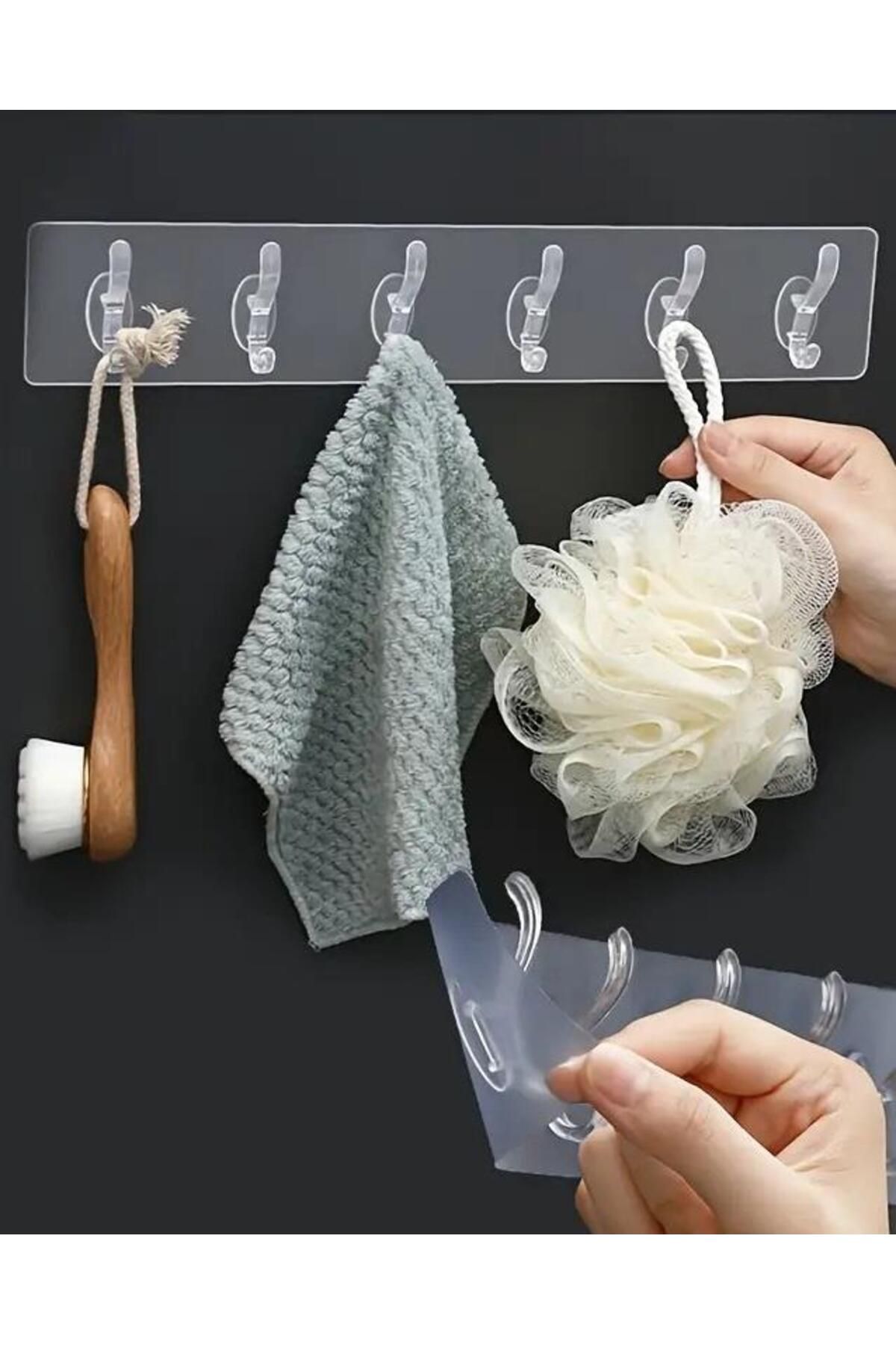 Pisicik 6'lı Şeffaf Mutfak Banyo Güçlü Yapışkanlı Tek Parça Plastik Askı