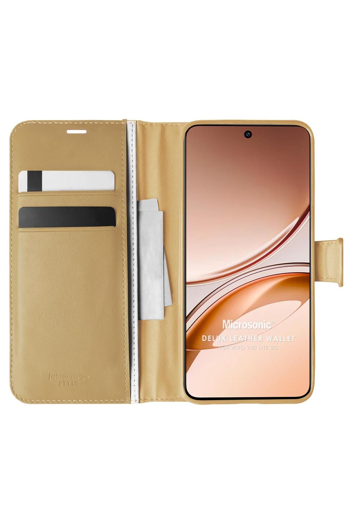 Microsonic Vivo V50 Lite 5G Kılıf Delux Leather Wallet Gold