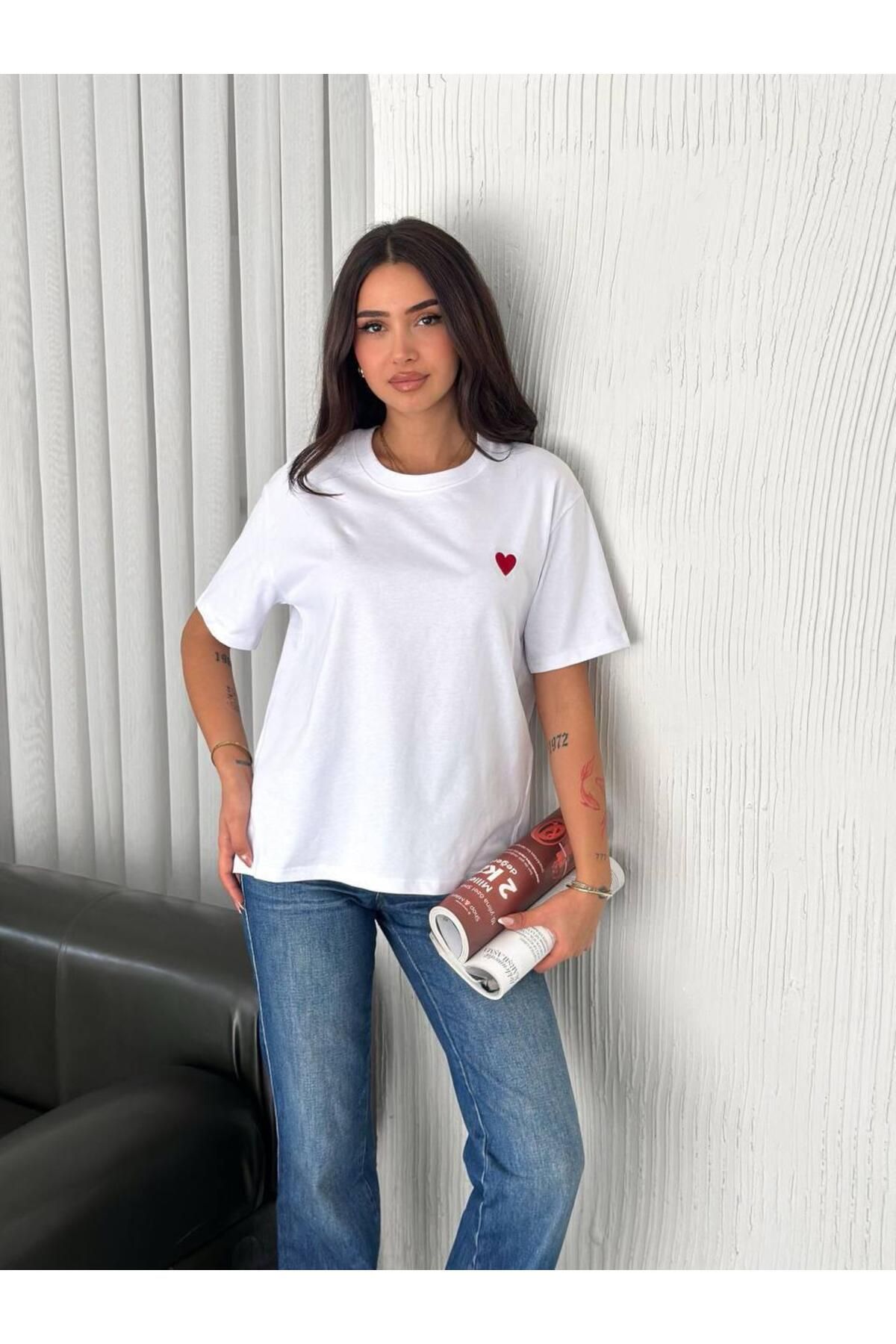 aleksandritbutik ALEKSANDRİT BUTİK BEYAZ KALP TİŞÖRT